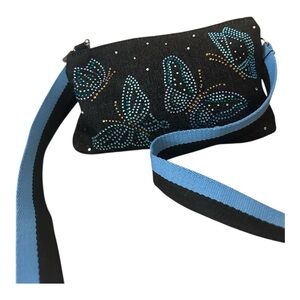 Brighton Embellished VIP Black & Blue Butterfly Denim Crossbody Bag Like NEW